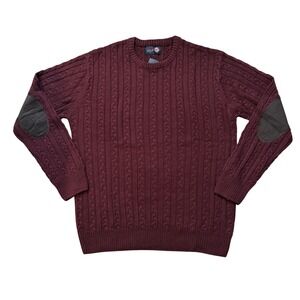 New Next Mens XL Cable Knit Sweater Burgundy Red Elbow Patches Wool Blend